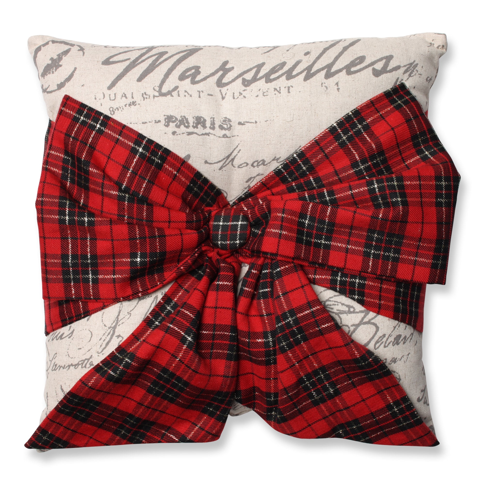 Holiday Plaid Bowknot Embroidered Square Throw Pillow