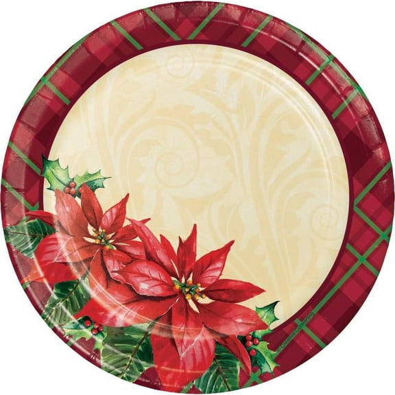 Holiday Plaid Poinsettia Symbols 7-inch Paper Plates 8 Per Pack