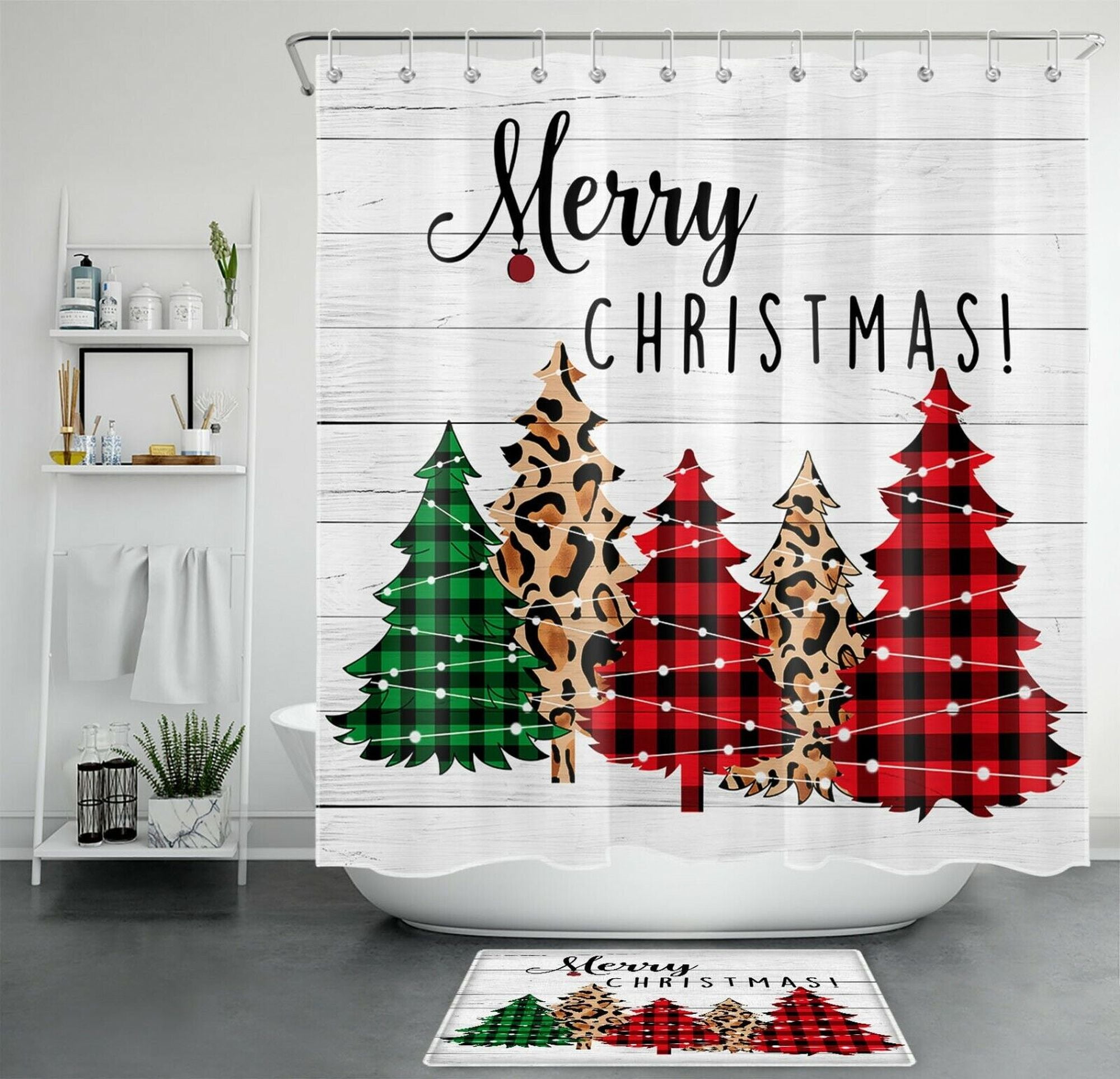 Holiday Plaid Shower Curtain Set - Festive Fir Trees Design with Hooks ...