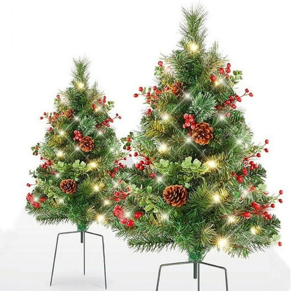 Holiday Planter with Lights, Faux Holiday Planter Filler, Holiday Planter Filler, Pre-Lit Artificial Xmas Tree with Cones & Red Berries, Small Christmas Tree with Warm Lights (2PCS)