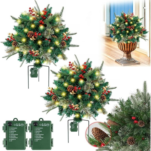 Holiday Planters,Christmas Holiday Planter Filler Outdoor Decorations,Prelit Holiday Planter,Lighted Artificial Xmas Pine Trees with Tripod Stake With 60 LED Lights,2PCS