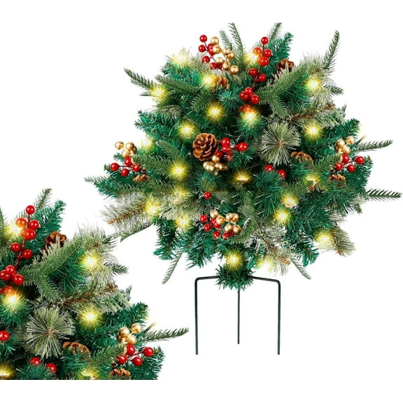 Holiday Planters, Faux Holiday Planter,Christmas Urn Planter Fillers Outdoor Front Porch with Cones, Golden & Red Berries, and 20 LED Lights, Faux Artificial Christmas Greenery Planters for Outdoors