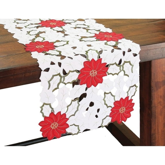 Holiday Poinsettia Embroidered Cutwork Mini Table Runner, 12 by 28-Inch 12 by 48-inch