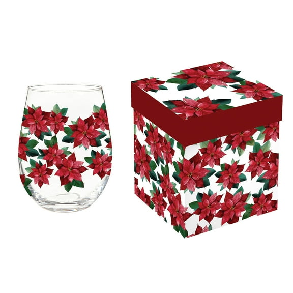 Holiday Poinsettia Wine Glass Stemless Glass, Poinsettia Bliss, 17oz, Gift Box