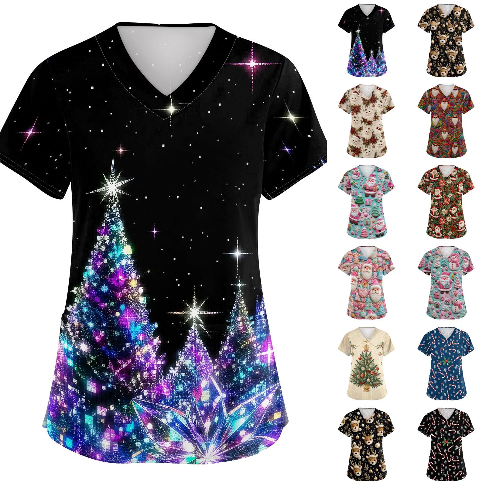 Side Slit Tee Holiday Print Scrub Top for Women Christmas V Neck Short Sleeve Tunic ...