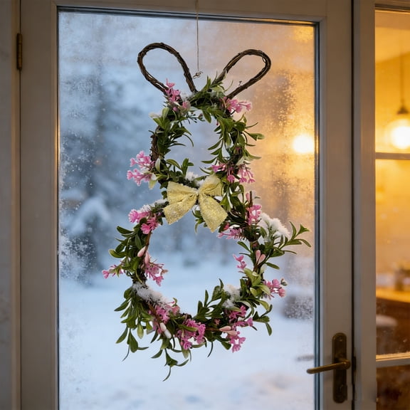Holiday Products, Easter Bunny-Shaped Wreath Suitable For Front Door Hanging Window Display Or General Easter/Spring Decoration Features Green Leaves A Bow And Rabbits Ears