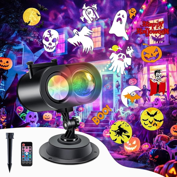 Holiday Projector Lights Outdoor, 2-in-1 Moving Holiday Projector Lights with Remote Control (12 Slides, 15 Colors), Three Fixing Methods, IP65 Atmosphere Decoration with Timer