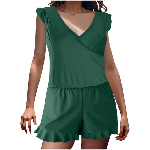 Holiday Promotion UTSJKR Ruffle Boyleg Romper Swimsuits for Women Cute Built-in Bras Floral Print Bohemian One Piece Bathing Suit with Pockets Green 14