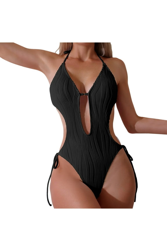 Holiday Promotion UTSJKR Tummy Hiding Swimsuit for Women Casual Solid Color Wispy Straped Cutout One Piece Bathing Suit Sexy Backless Swimwear Black S