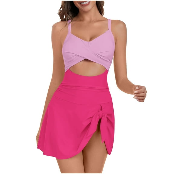 Holiday Promotion UTSJKR Women One Piece Swimdress Tummy Control Bathing Suit Push Up Swimsuit Modest Swimwear Cutout V Neck Cute Tie Knot Skirt Hot Pink M