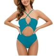 thumbnail image 1 of Holiday Promotion UTSJKR Women's One Piece Swimsuit Plunge Neckline Cutout Criss Cross Bathing Suit High Waisted Hollowed Out Adjustable Shoulder Strap Swimsuit Blue S, 1 of 3