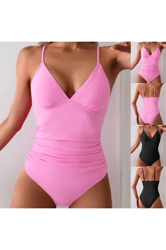 Holiday Promotion UTSJKR Women's One Piece Swimsuit Tummy Control V Neck Bathing Suits Slimming Backless Adjustable Strap Ruched Swimwear Black S