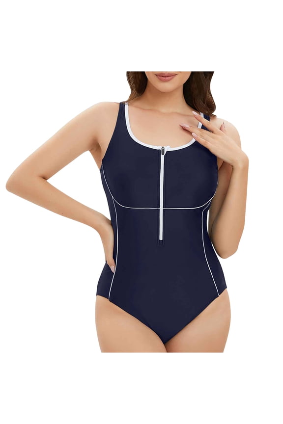Holiday Promotion UTSJKR Womens Athletic One Piece Swimsuit Zipper Racerback Bathing Suit Traning Swimwear Rash Guard Tummy Control Bathing Suit UV Protection Activewear Navy 6