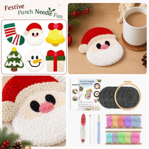 Holiday Punch Needle Coaster Set, DIY Craft Kit with Santa, Tree & Snowman Designs, Handmade Coasters for Christmas Gifts (E)