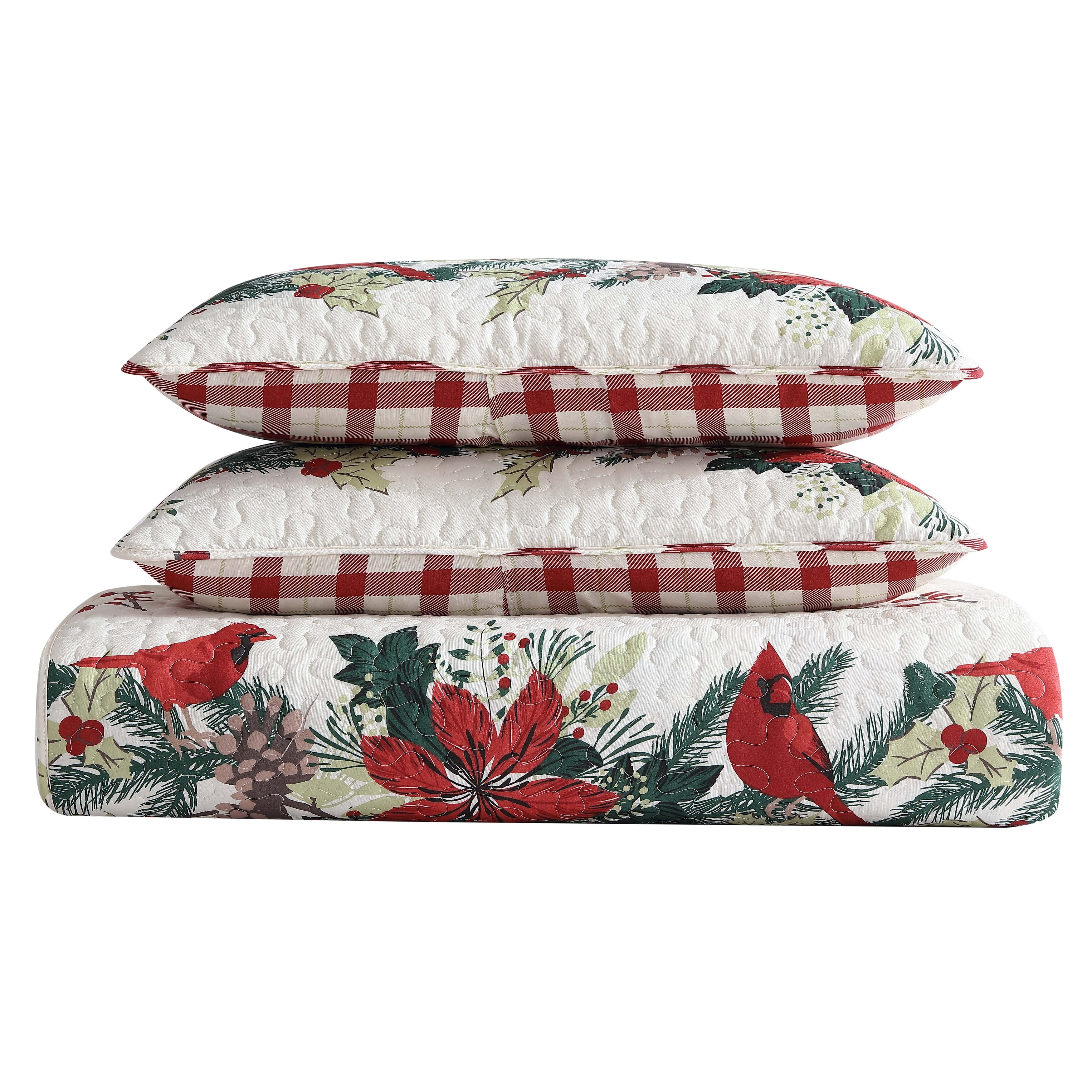 Beatrice Home Fashions, Holiday 3PC Quilt Set, King, Cardinal Garland