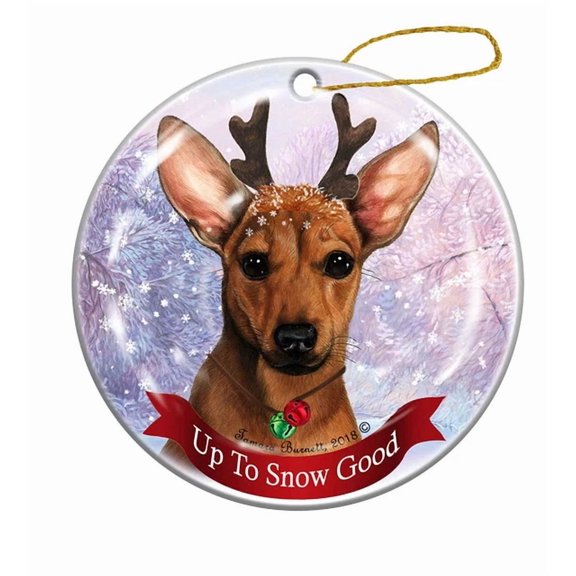 Holiday Red Chiweenie Reindeer Dog Porcelain Christmas 2D FLAT CIRCLE Ceramic Ornament