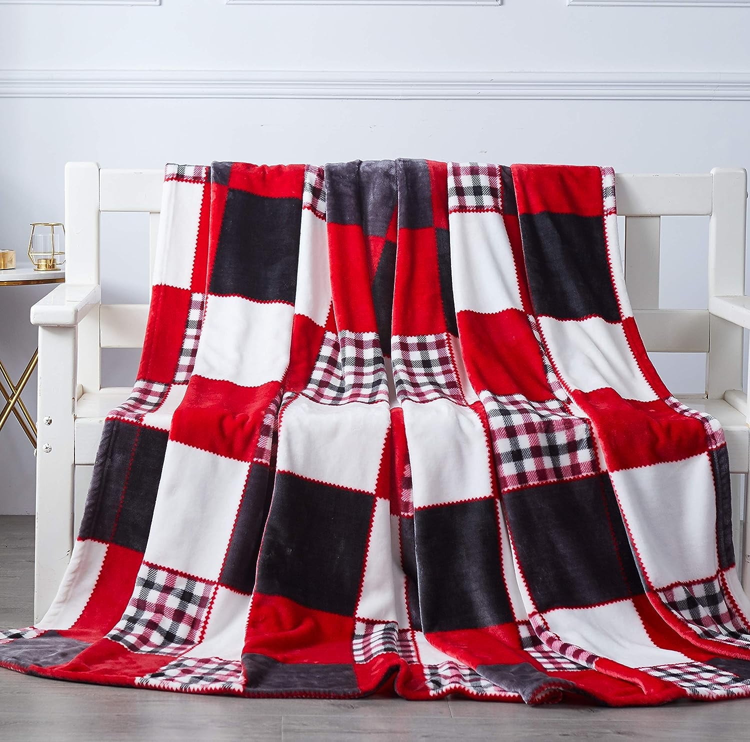 Holiday Red Farmhouse Super Soft Micro Fleece Plaid Patchwork Plush ...