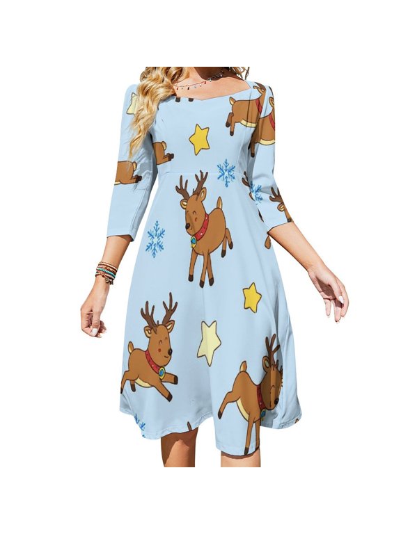 Holiday Reindeer-3 Flare Dress Square Neck Dress Elegant Female Fashion Printed Dress