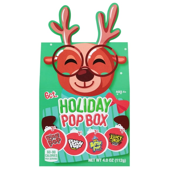 Holiday Reindeer Gift Box of Ring Pop, Push Pop, Baby Bottle Pop, Assorted Fruit Flavors, 6 Pieces