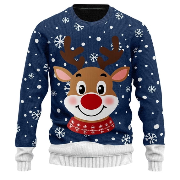 Holiday Reindeer Print Knit Pullover Cozy High Neck Hooded Sweater Christmas Comfort Wear