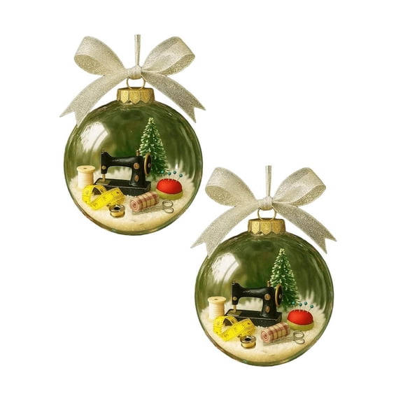 Holiday Retro Sewing Machine Snow Globe Ornament Vintage Christmas Tree Decoration Transparent Ball with Ribbon Hanging Decor for Quilters Sewists Craft Room Home Festive Decor