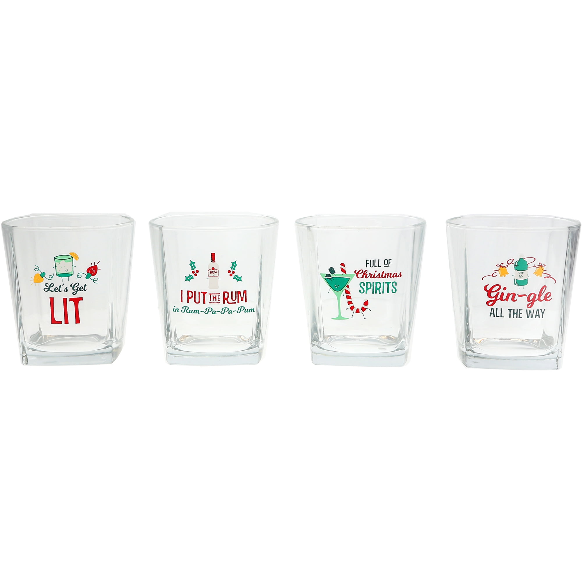 Holiday Themed 10 oz Glass Rocks Set with Festive Decals