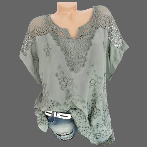 Azrian Crochet Detail Short-Sleeve Casual Top - Women Summer Short Sleeve Hollow Out Casual Blouse T-Shirt