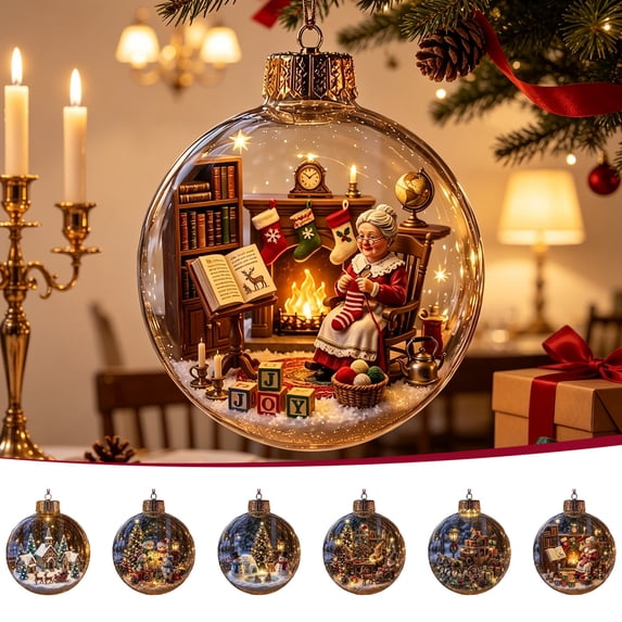 Holiday Saving! BUTASY Christmas Scene Ornaments,3.54" Light-Up Clear Christmas Ball with Warm Light Glowing Acrylic Tree Bulb for Home, Christmas Gift