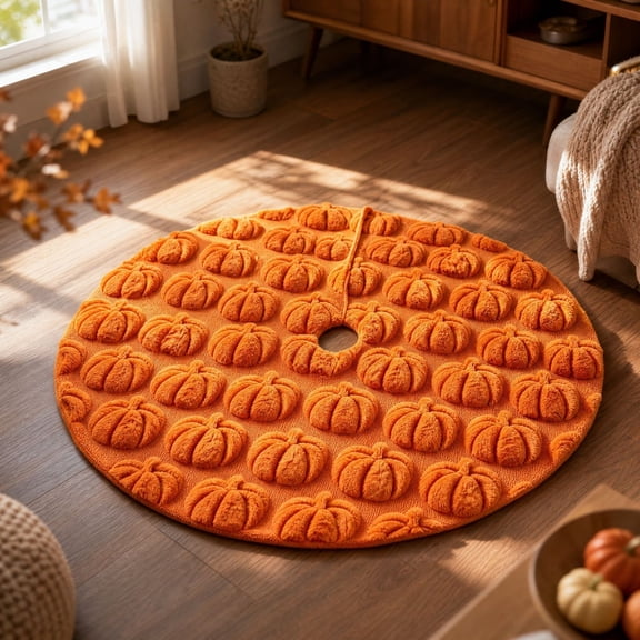 Holiday Saving BUTASY Christmas Tree Skirt Round Tree Base Cover Raised Pumpkin Textured Floor Mat Soft Fabric Home Indoor Ornament 35.43 Inch Diameter