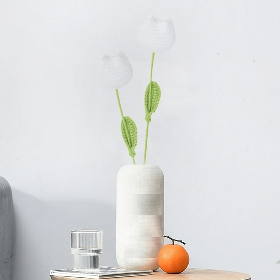 Holiday Saving Latrodar Tulip Crochet Flowers Handmade 2pc Knitted Bouquet Fake Artificial Flowers Bouquet Dust Resistant ration Birthday Gift White 16x2 Inch