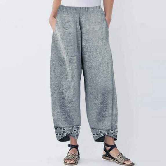 LoyisViDion Pants,Woman Pants,Women Casual Pants,Cotton Linen Print Irregular Elastic Waist Loose Wide Leg Pants/Gray M