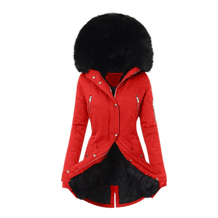 Holiday Savings 2022! FELTREE Womens Ladies Warm Jacket Winter Solid Turn  Coat Hooded Collar Lambswoo Outerwear Woman Winter Jacket Clearance Red 3XL