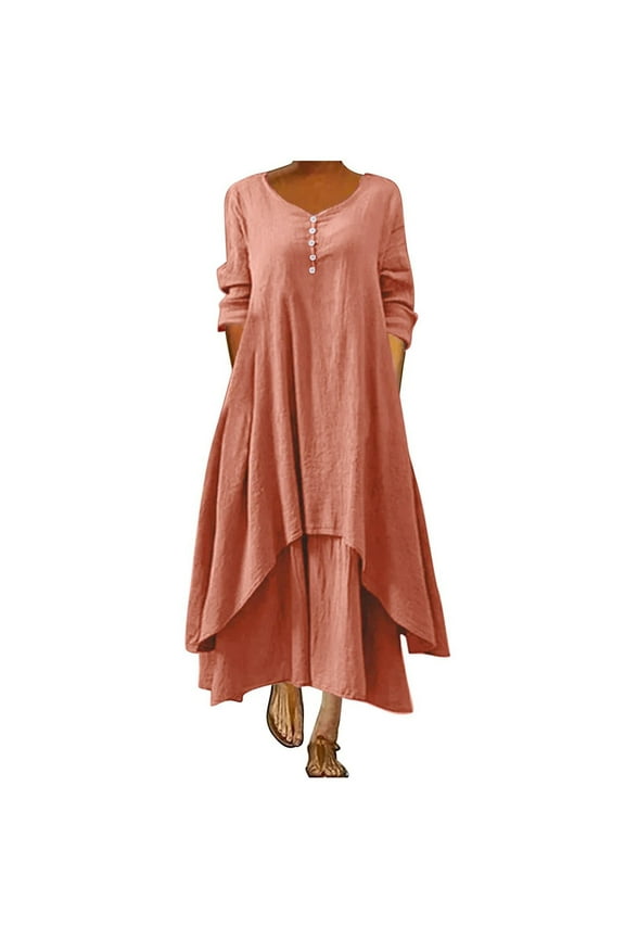 Summer Women Plus Size Boho Dresses Retro Button Dress Crew Neck 3/4 Sleeve Floral Bohemian Maxi Dresses Irregular Hem Wrap Evening Dresses