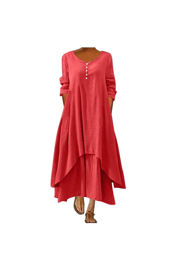 Summer Women Plus Size Boho Dresses Retro Button Dress Crew Neck 3/4 Sleeve Floral Bohemian Maxi Dresses Irregular Hem Wrap Evening Dresses