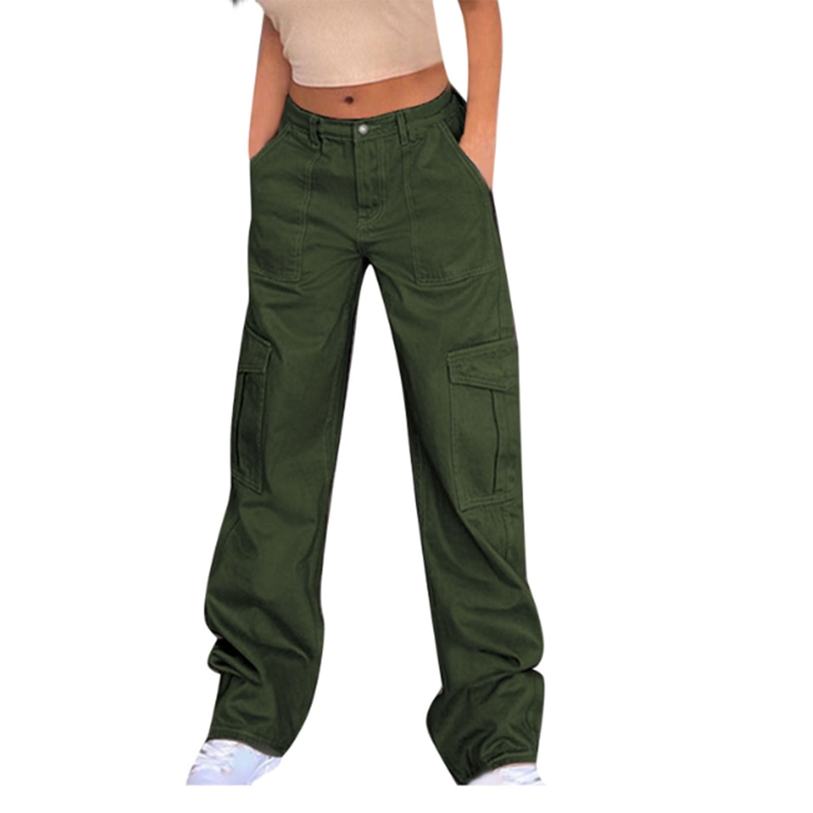 Women Casual Cargo Pants, Solid Color Zipper Trousers with Pockets