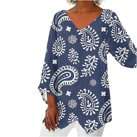Holiday Savings Deals 2024! AKAFMK Casual Cotton and Linen 3/4 Sleeve Summer Tops for Women Loose Vintage Print Three Quarter Sleeve Tunic T Shirt Plus Size Blouse Summer Savings Clearance Blue