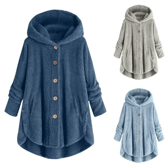 Holiday Savings Deals 2024! AKAFMK Fleece Jacket Women,Women Plus Size Button Plush Tops Hooded Loose Cardigan Wool Coat Winter Jacket Navy