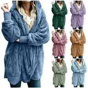 AKAFMK Fleece Jacket Women,Women's Oversized Open Front Hooded Draped Pockets Cardigan Coat