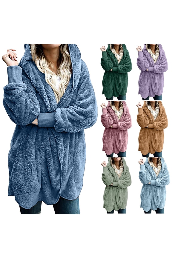 AKAFMK Fleece Jacket Women,Women's Oversized Open Front Hooded Draped Pockets Cardigan Coat