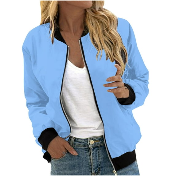 Holiday Savings Deals 2024! AKAFMK Womens Jackets Lightweight Zip Up Casual Inspired Bomber Jacket Solid Stand Collar Short Outwear Tops Light Blue