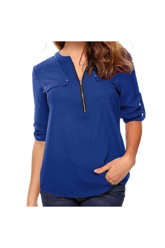 Womens Tops Zip Front V-Neck 3/4 Sleeve Tunic Shirts for Women Solid Tee Casual Loose Blouse Blue