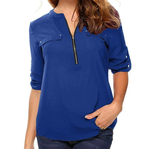 Holiday Savings Deals 2024! AKAFMK Womens Tops Zip Front V-Neck 3/4 Sleeve Tunic Shirts for Women Solid Tee Casual Loose Blouse Summer Savings Clearance Blue