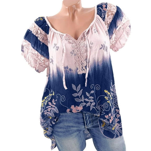 Bxsruta $5 Shirts, Women Short Sleeve V-Neck Lace Printed Lace Tops Loose Gradient T-Shirt Blouse Tops Pink 5XL