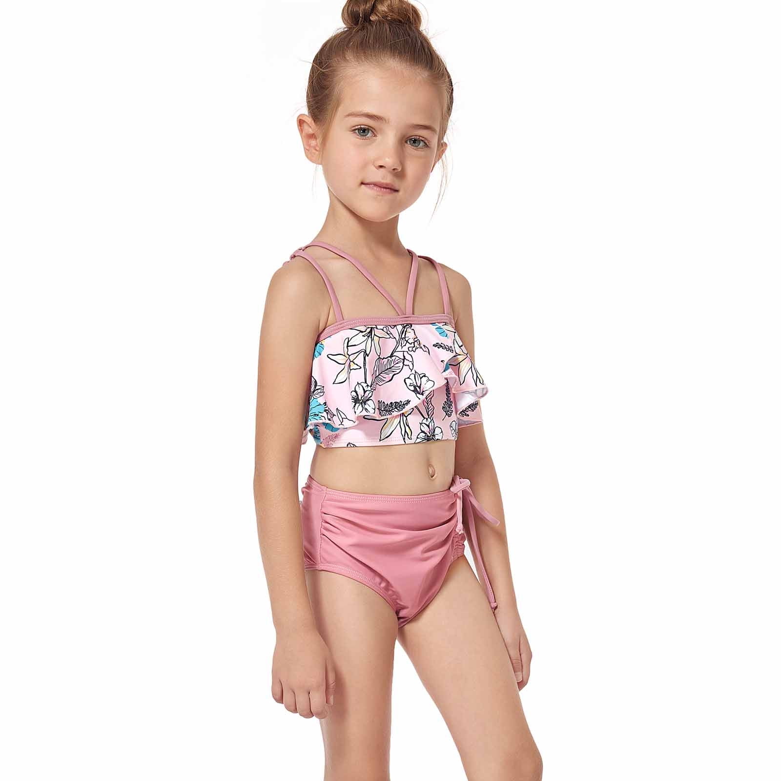 Holiday Savings Deals! Kukoosong Girls Swimsuit Little Girl Bikinis Toddler  High Waist Drawcord Printed Split Suit Pink 7-8 Years