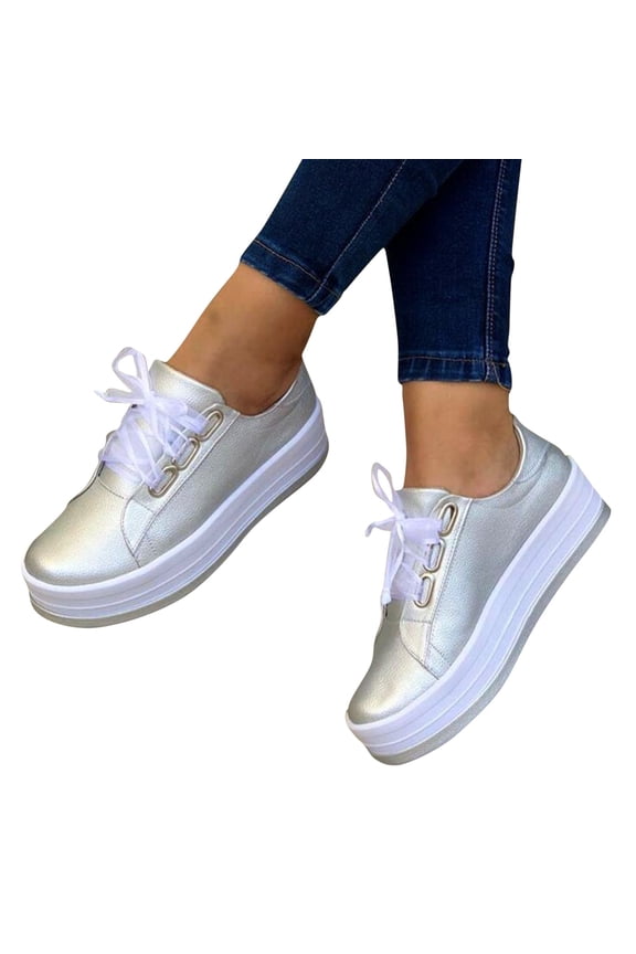 Platform Sneakers for Women Fashion Round Toe Thick Heels Walking Running Shoes Women Plus Size Lace-up Casual Lightweight Spring and Fall Sneakers Silver 5.5