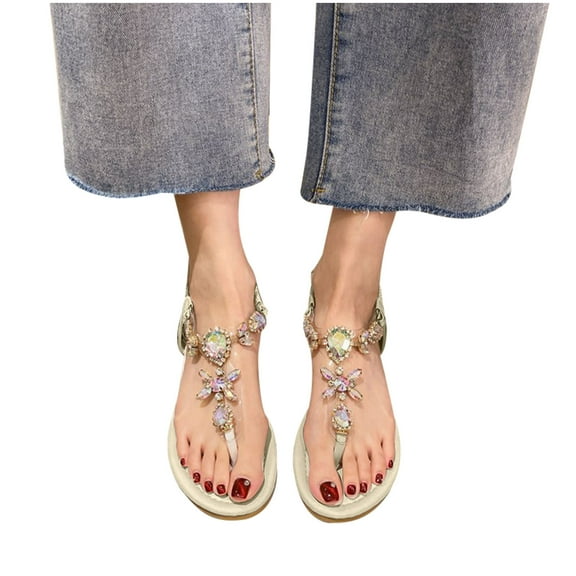 Kukoosong Sandals Women Fashion Rhinestone Detail Flat Thong Sandals Flat Summer Beach Sandals Beige 39
