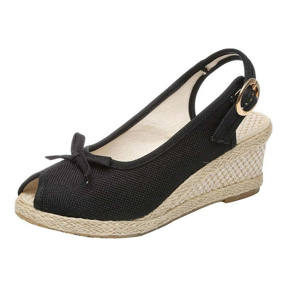 Kukoosong Sandals Women High Heels Shoes Linen Straw Sandals Wedges Casual Canvas Dress Slippers Wedge Sandals for Women Black 42