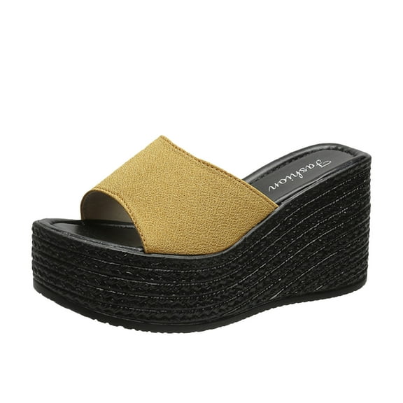 Kukoosong Sandals Women Matsu Heel Thick Sole Slope Heel Womens Shoes Breathable Slip-on Beach Sandals Wedge Sandals for Women Yellow 35
