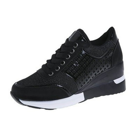 Kukoosong Walking Shoes for Women Lace-up Casual Platform Wedge Heel Sequined Single Shoes Sneakers Women Comfy Round Toe Color Block Running Hiking Shoes Black 8.5