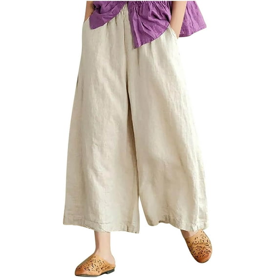 Kukoosong Wide Leg Pants for Women Casual Summer Elastic High Waist Linen Pant Pockets Cropped Trouser Plus Size Pants Beige M